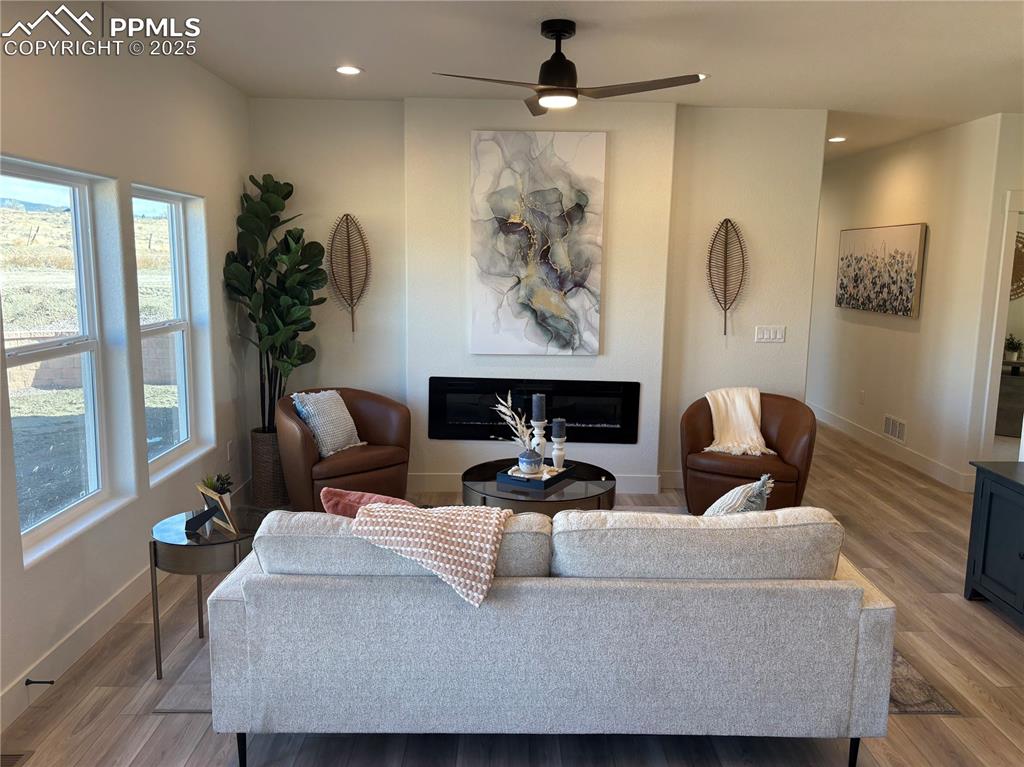 817 Keystone Loop Canon City, CO 81212 - Photo 7 of 19 Living room with a glass covered fireplace, ceiling fan, light wood finished floors, and recessed lighting