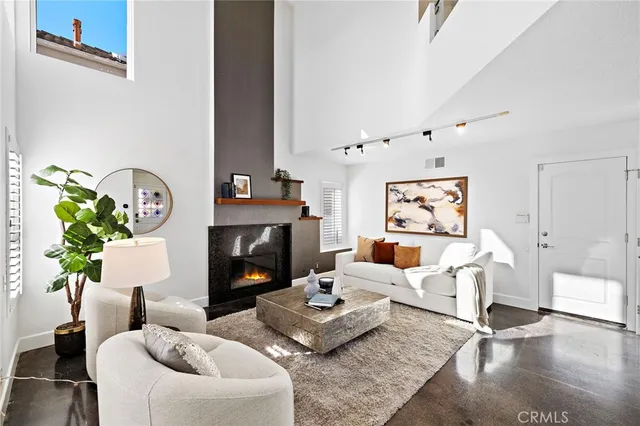 a living room with furniture fireplace and a potted plant