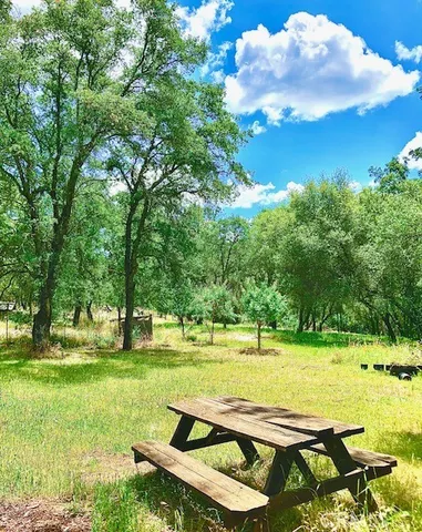 a table and chairs sitting in the garden