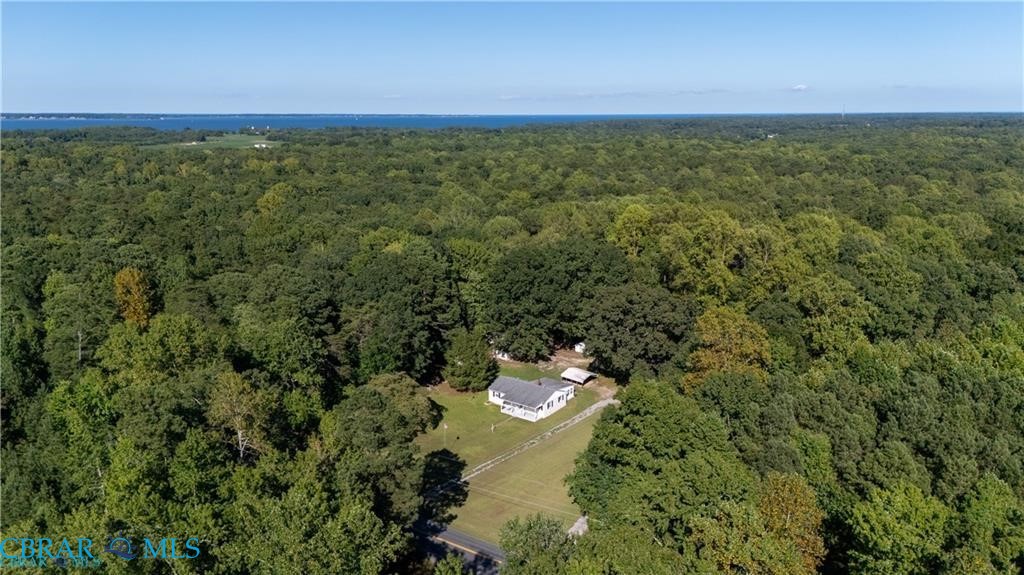 Aerial overview of property's location with a heavily wooded area