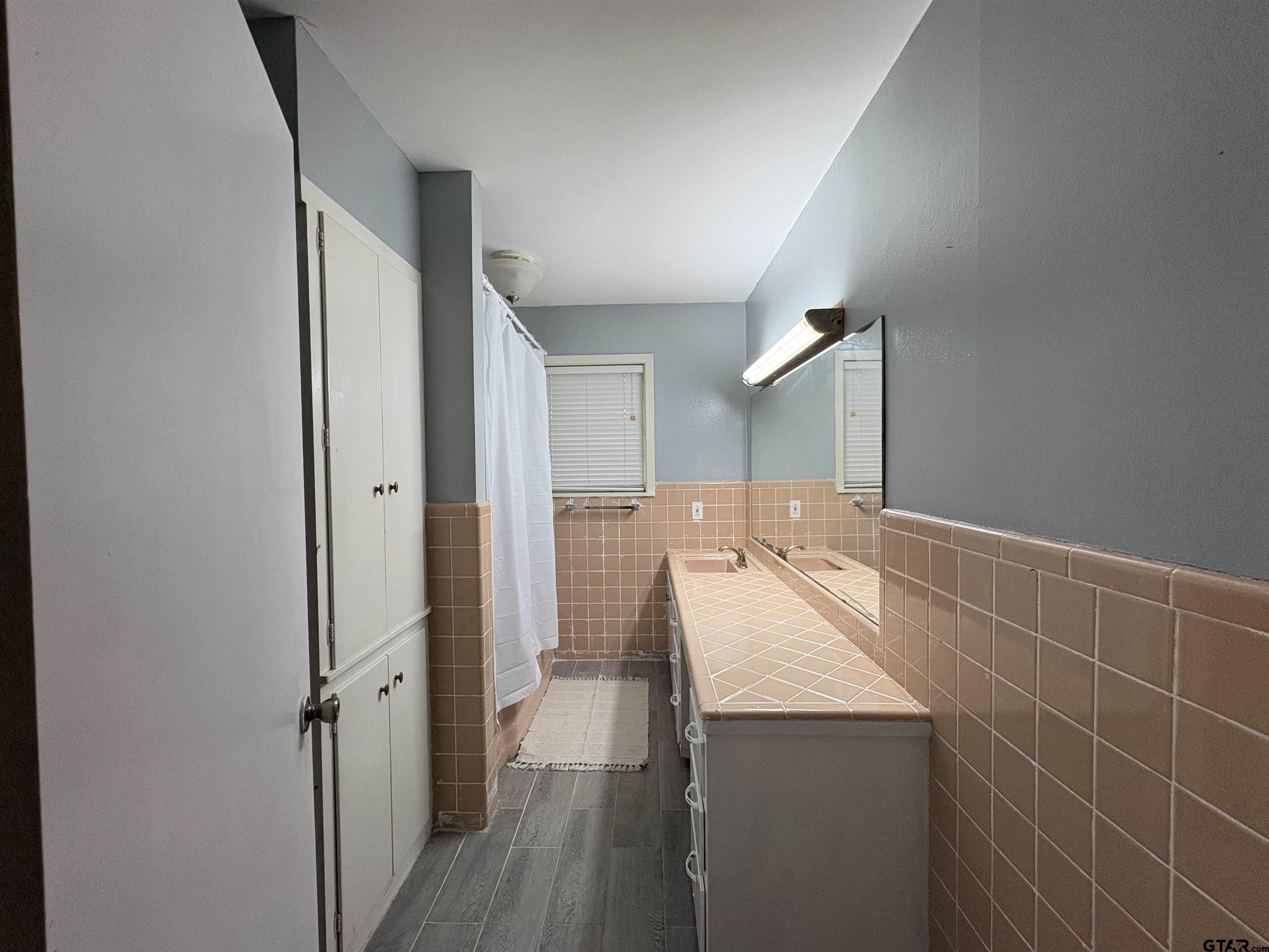 409 East Main Street Omaha, TX 75571 - Photo 12 of 15 a bathroom with a sink a mirror and a shower