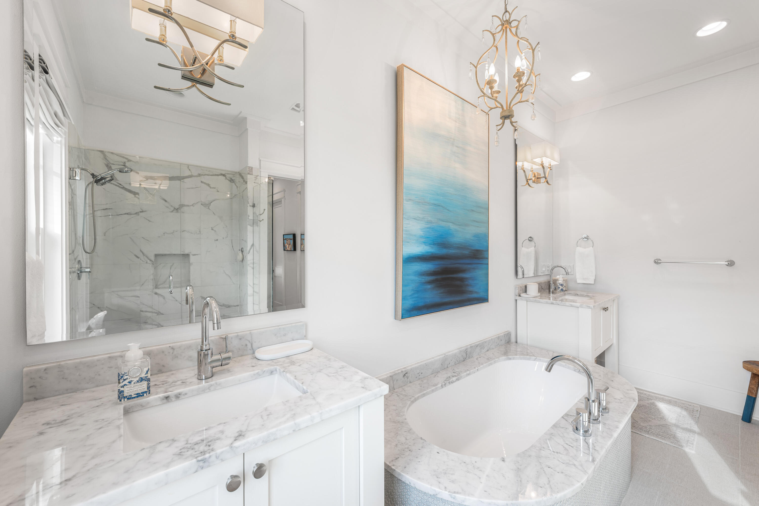 1016 Pathways Dr Inlet Beach Inlet Beach, FL 32461 - Photo 25 of 40 a bathroom with a granite countertop sink a mirror and a shower