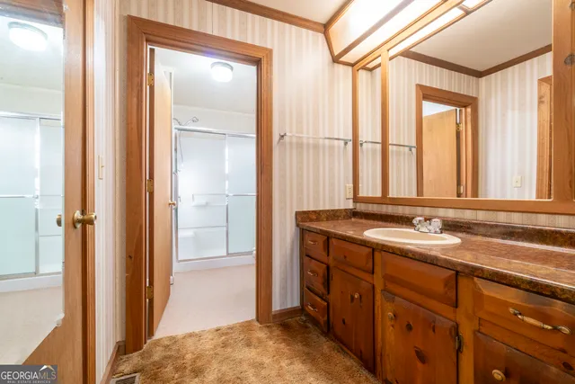 a view of a park with large trees