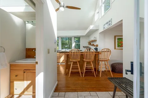 a view of a dining room with furniture