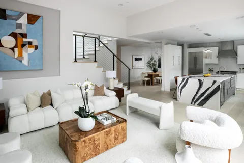 a living room with furniture and a potted plant
