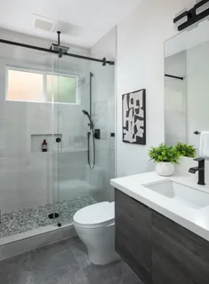 a bathroom with a sink a toilet and shower