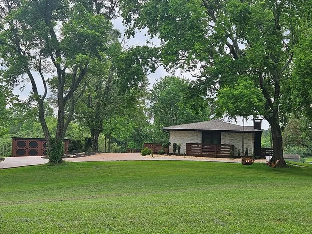 a view of a backyard with plants and large tree