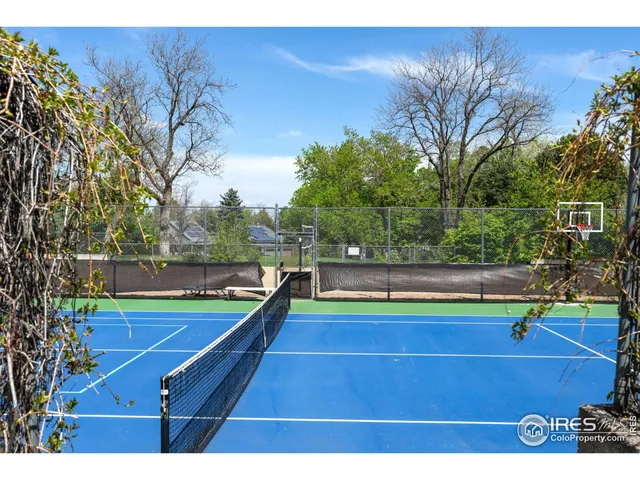 a view of a tennis ground with large trees