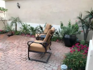 a view of a backyard with furniture and a plants