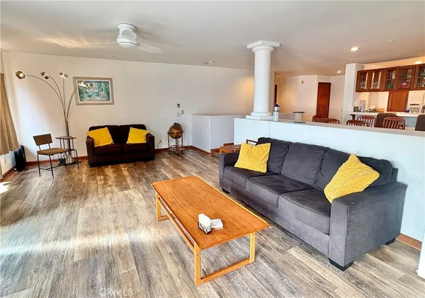 a living room with a rug