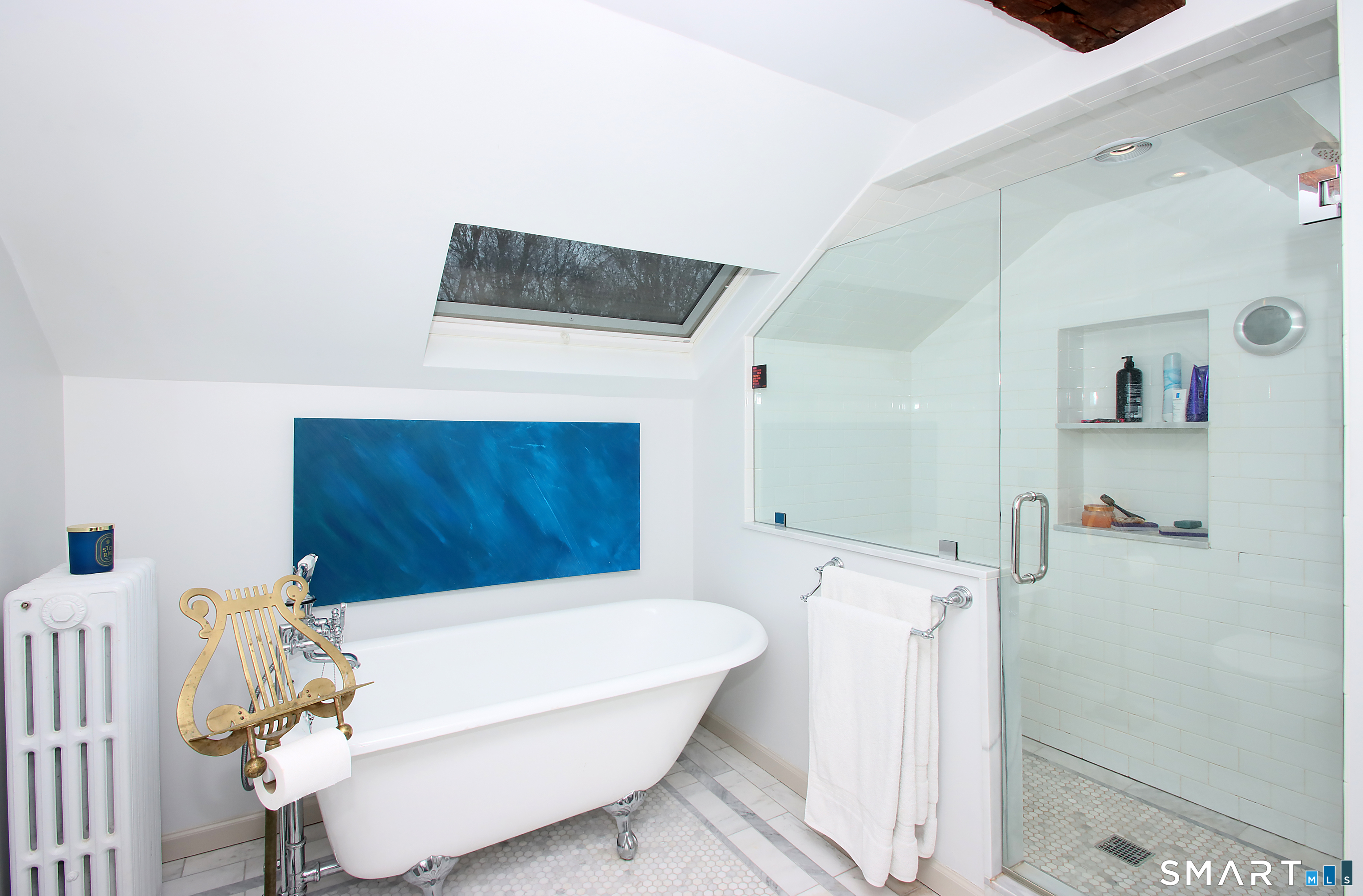 455 Barn Hill Road Monroe, CT 06468 - Photo 26 of 34 Second floor full bath with beautiful shower enclosure and claw foot soaking tub