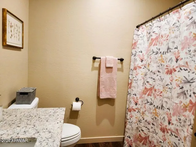 a bathroom with a toilet and a shower curtain