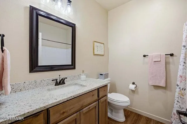 a bathroom with a granite countertop sink toilet and mirror