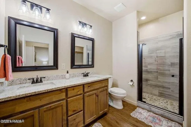 a bathroom with a double vanity sink toilet mirror and shower