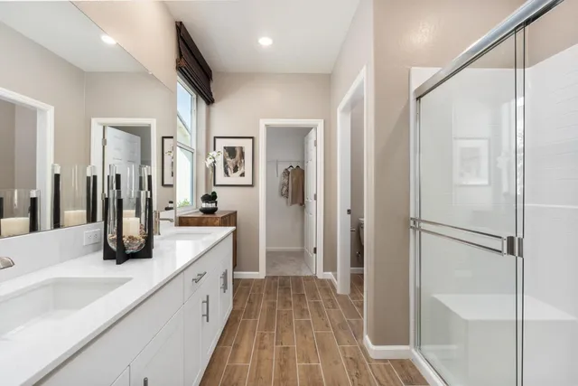 a bathroom with a sink a mirror and a shower