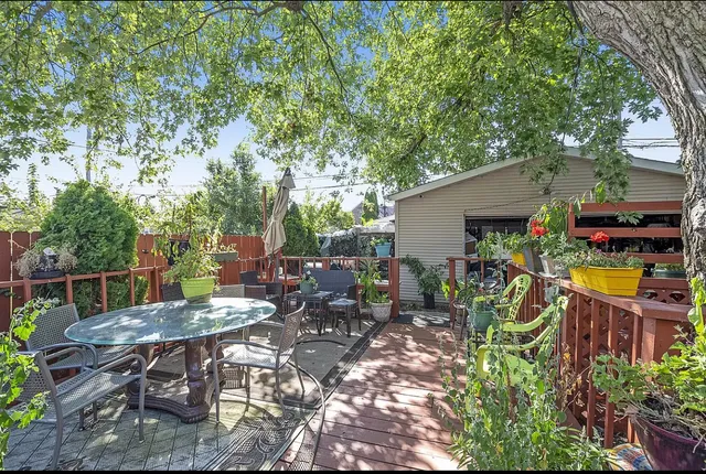 a view of a chairs and table in backyard
