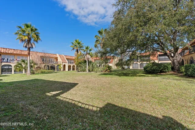 a view of a park with large trees