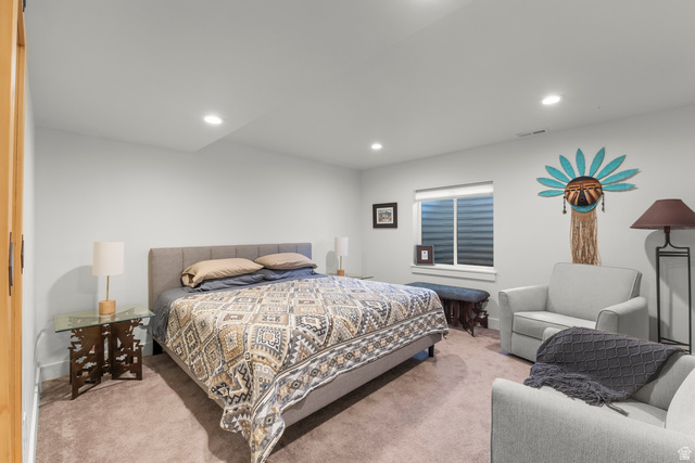886 River Ridge Lane Spanish Fork, UT 84660 - Photo 13 of 31 Recessed lighting, wood-finish door, light-colored wall paint, carpet flooring, and a large window with blinds