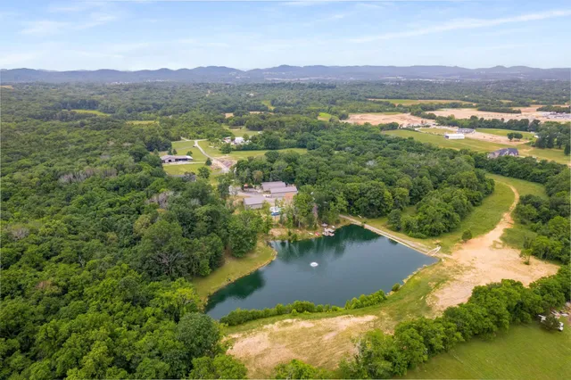 an aerial view of residential houses with outdoor space and trees