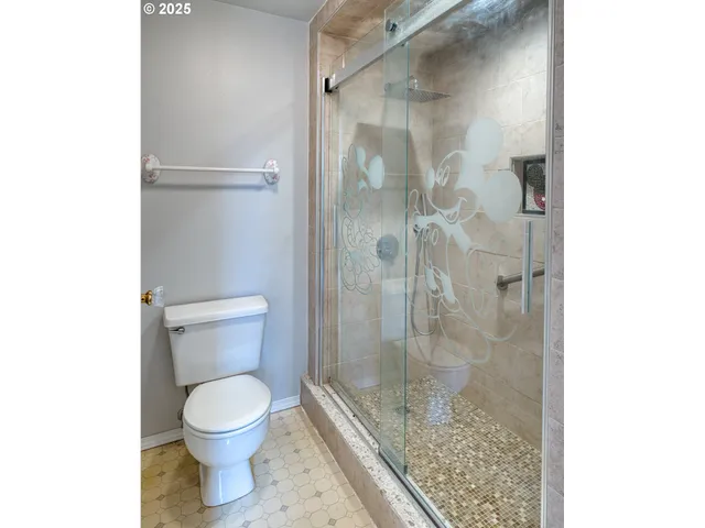 a bathroom with a shower and a toilet