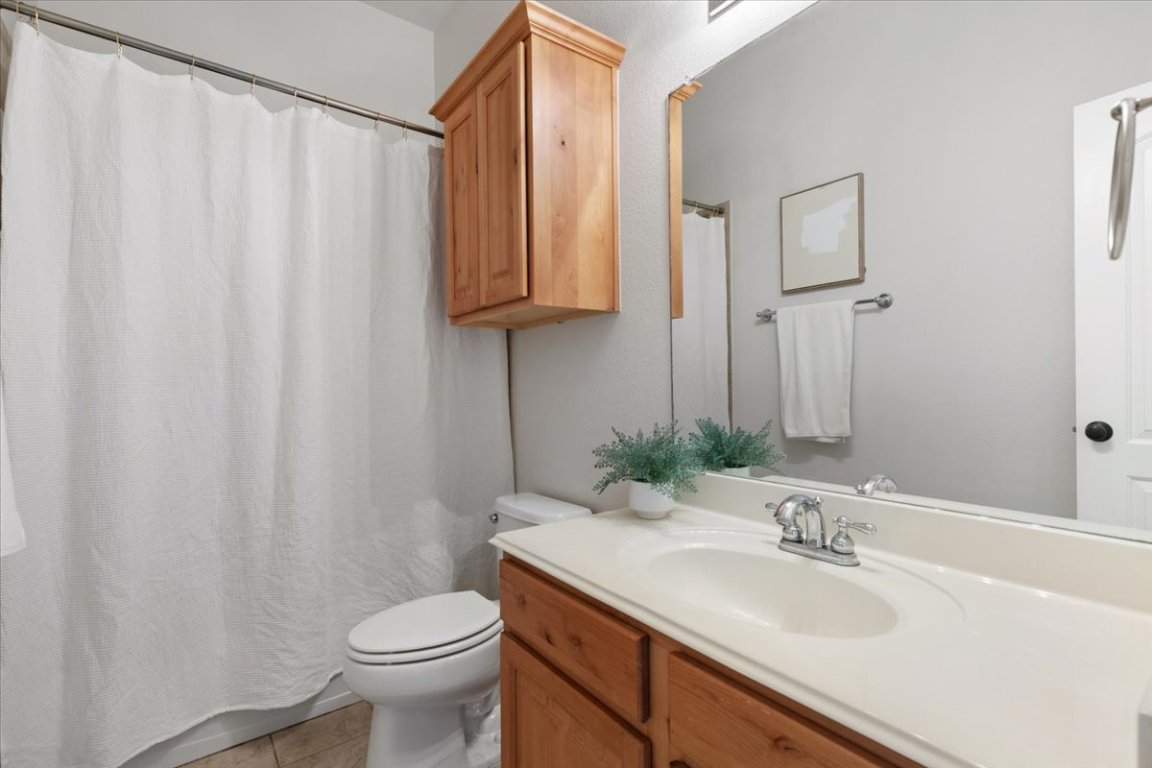 15317 Origins Lane Austin, TX 78734 - Photo 22 of 31 a bathroom with a sink a toilet and shower curtain