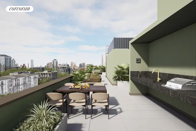 a living room with patio furniture and a potted plant