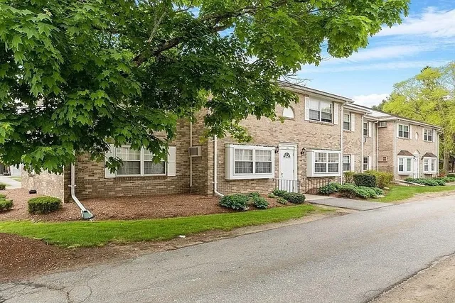a front view of a house with a yard and trees