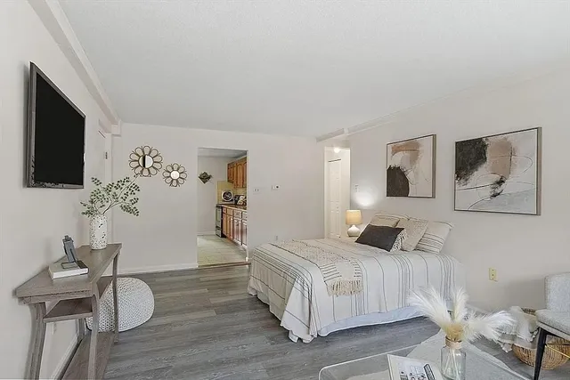 a bedroom with a bed and a flat screen tv