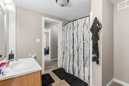 a bathroom with a sink and a mirror