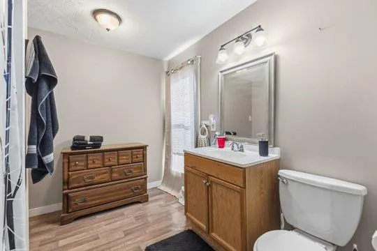 a bathroom with a toilet a sink and mirror
