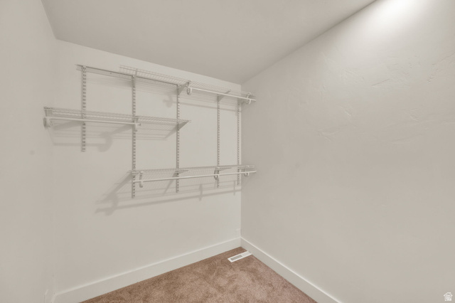 360 400 North Centerville, UT 84014 - Photo 22 of 30 Walk-in closet featuring adjustable wire shelving, multiple hanging rods, white walls, white baseboards, and brown carpet flooring
