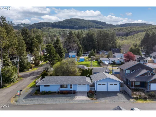 a view of a patio with a mountain