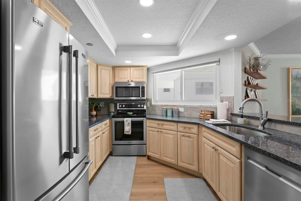 16332 Gulf Boulevard, Unit 3B Redington Beach, FL 33708 - Photo 19 of 91 a kitchen with stainless steel appliances granite countertop a refrigerator and a sink