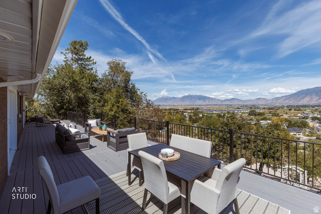 455 Ridge Lane Payson, UT 84651 - Photo 30 of 62 Expansive deck with composite decking, black metal railings, and a mountain range backdrop