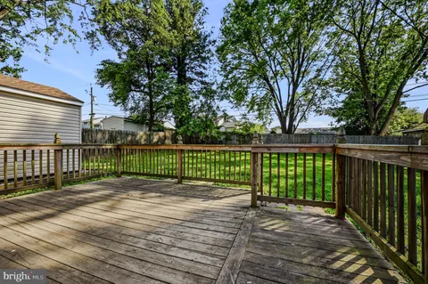 a view of a deck with a large trees