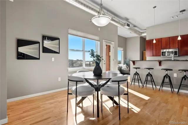 a view of a dining room with furniture and wooden floor