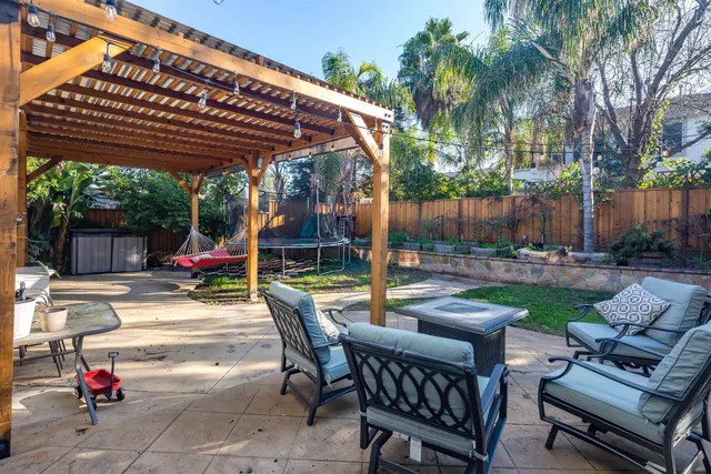 a view of a patio with a table and chairs