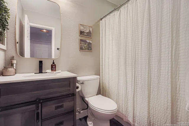 a bathroom with a toilet a sink and curtain