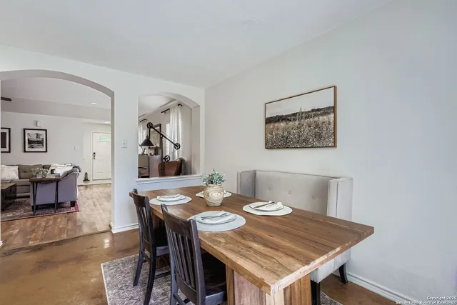 a view of a dining room with furniture