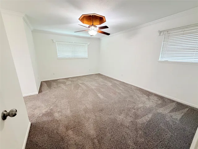 an empty room with windows and flowerpot