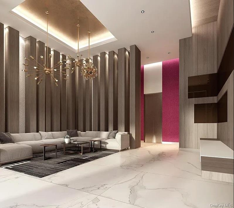 27-17 42nd Road, Unit 23C Queens, NY 11101 - Photo 3 of 14 Lobby featuring wooden walls and a towering ceiling