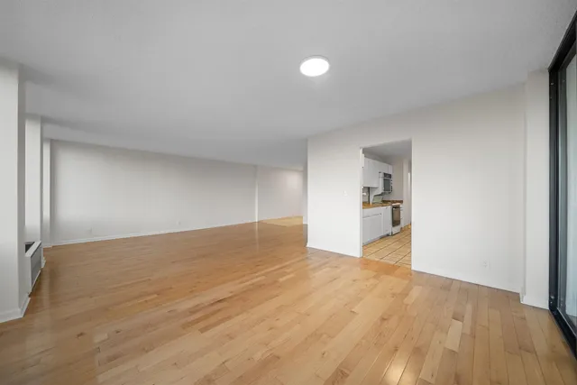 a view of empty room with wooden floor