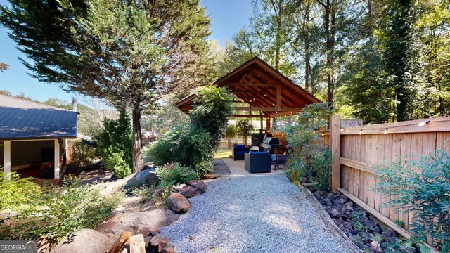 an aerial view of a backyard