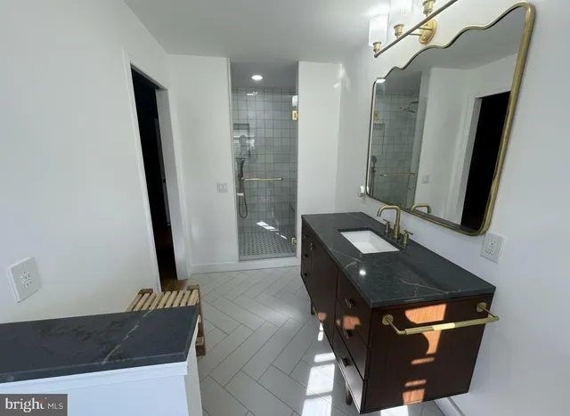 a bathroom with a sink a mirror and a shower