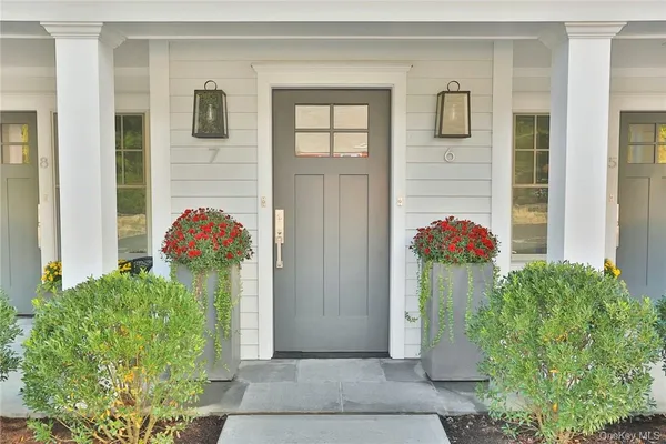 a front view of a house with a potted plant and a garage