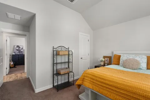 a bedroom with a bed and a cabinets