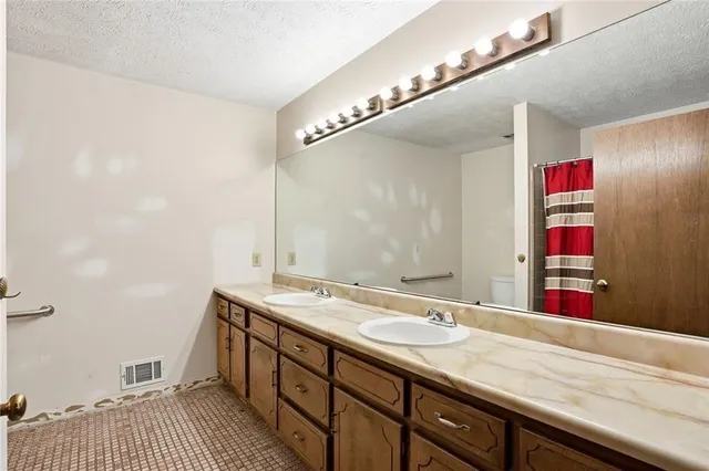 a bathroom with a granite countertop sink toilet and shower