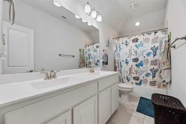 a bathroom with double vanity sink a toilet a shower and a mirror
