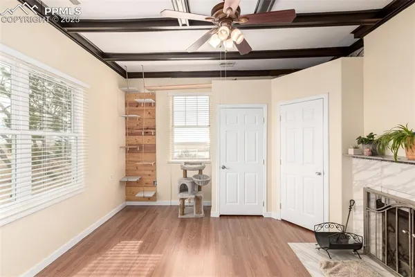 a view of empty room with wooden floor and fireplace