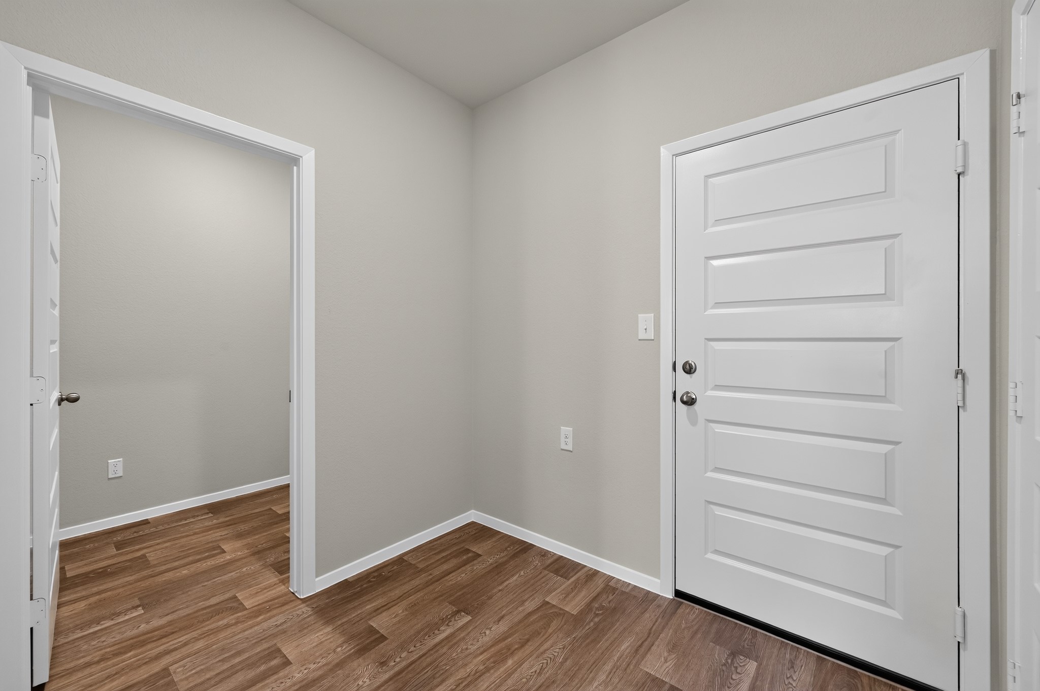 2704 Towy Road Manor, TX 78653 - Photo 26 of 36 Rich wood-look flooring and crisp white trim create an inviting, streamlined entry space.